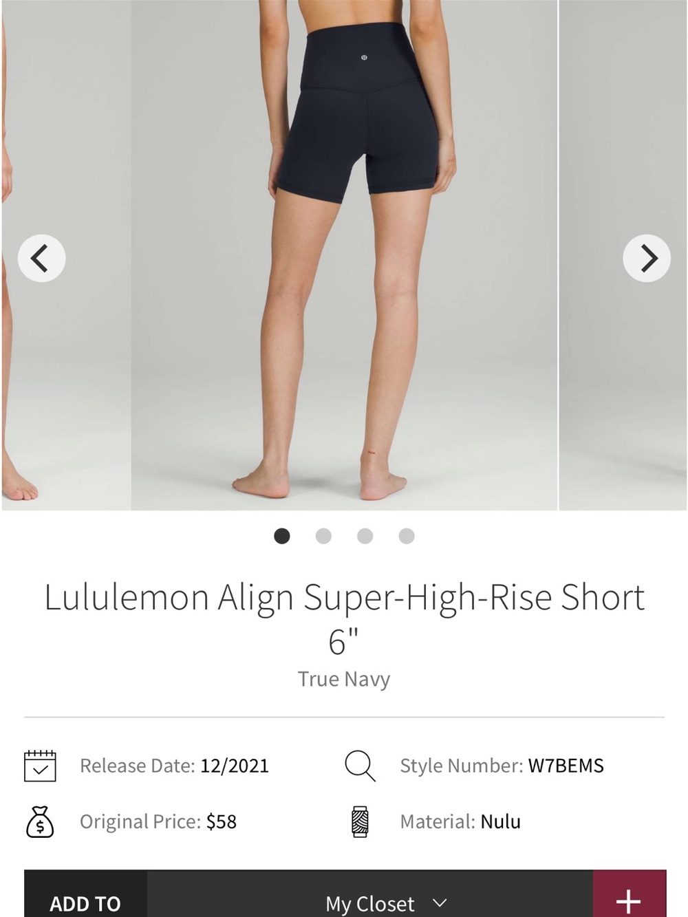 Lululemon align super high rise short 6in true navy size 8